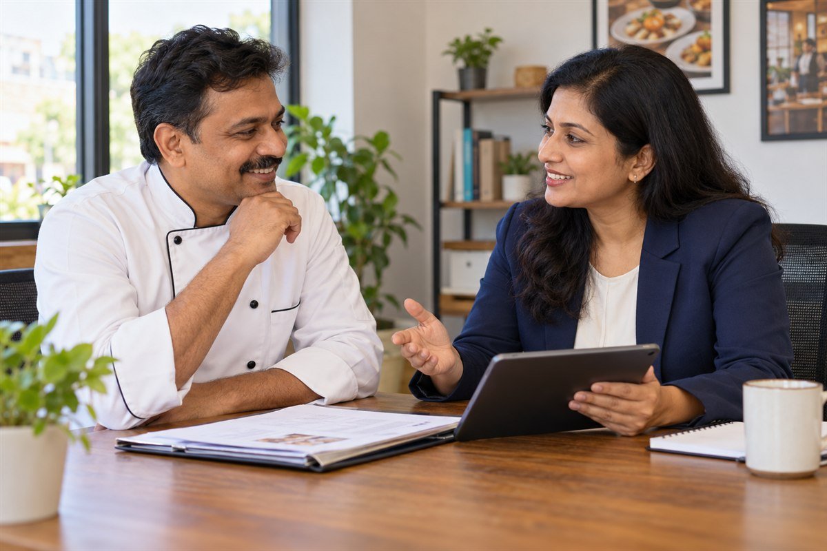 A smiling chef discussing business plans with a consultant; illustrative scene