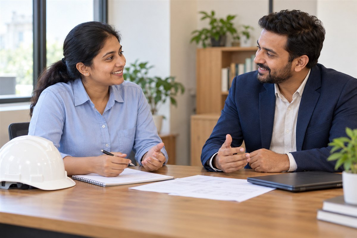 A smiling engineer discussing investment goals with a consultant; illustrative scene