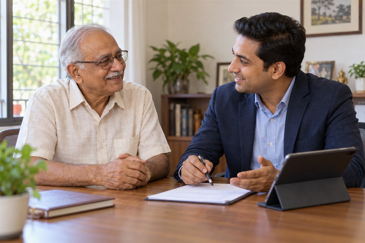 A smiling senior citizen discussing personal financial goals with a consultant; illustrative scene